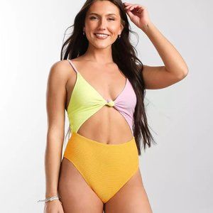 🍑 NWT Tanlines Retro One Piece Swim in Colorblock Neon, Size L